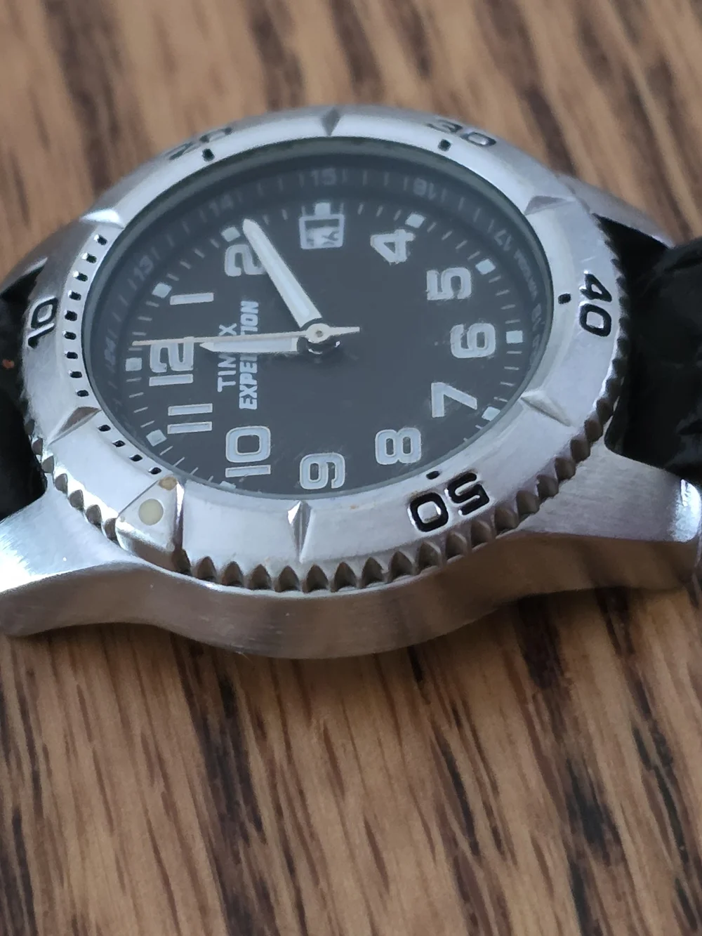 Womans Timex Expedition Black Dial Watch Croc Embossed Black Leather Strap